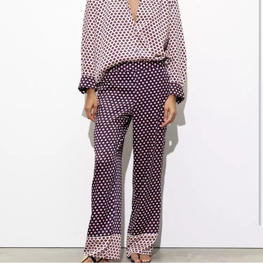 Zara Patterned Satin Effect Wide Leg Pants, NWT Sz M
